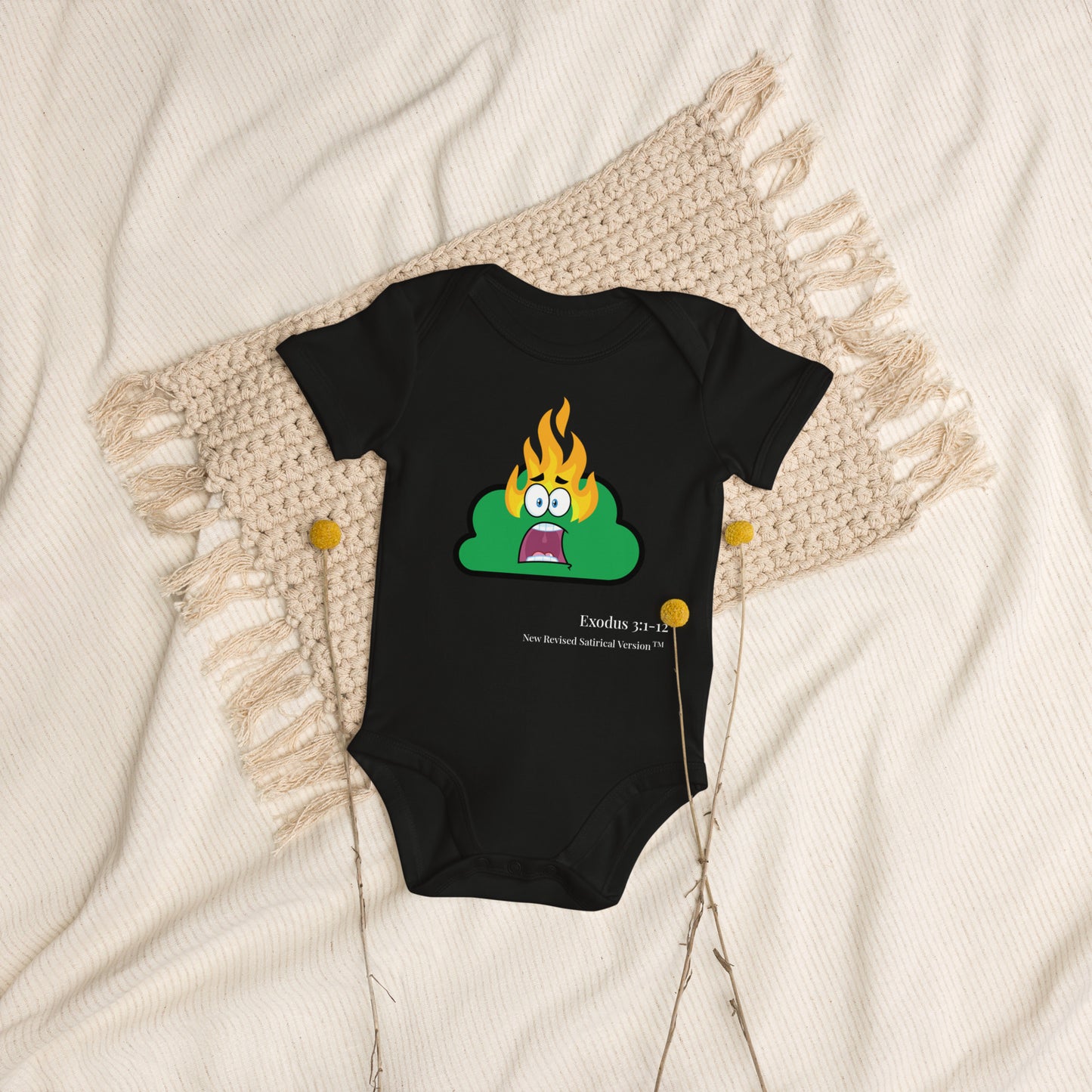 Burning Bush | New Revised Satirical Version | Organic cotton baby bodysuit