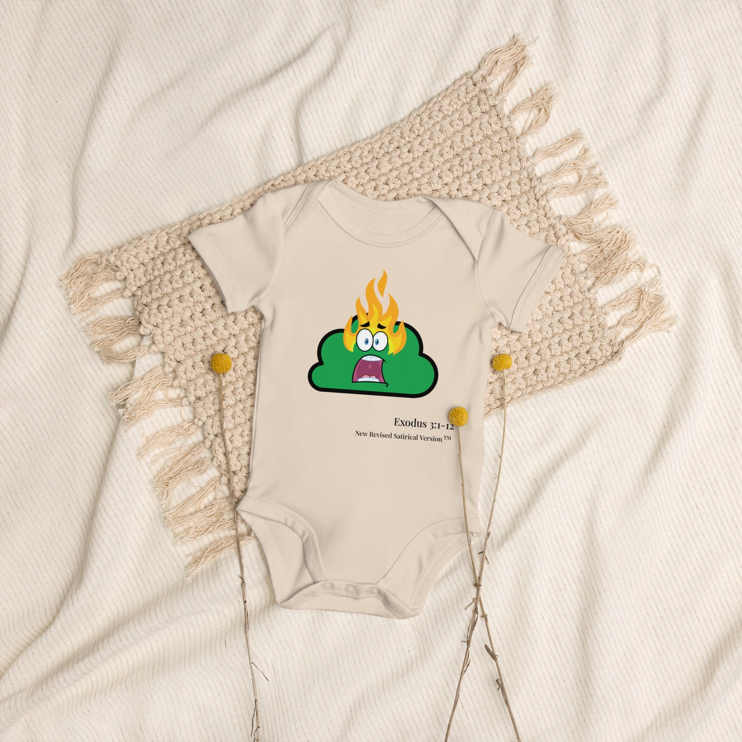 Burning Bush | New Revised Satirical Version | Organic cotton baby bodysuit